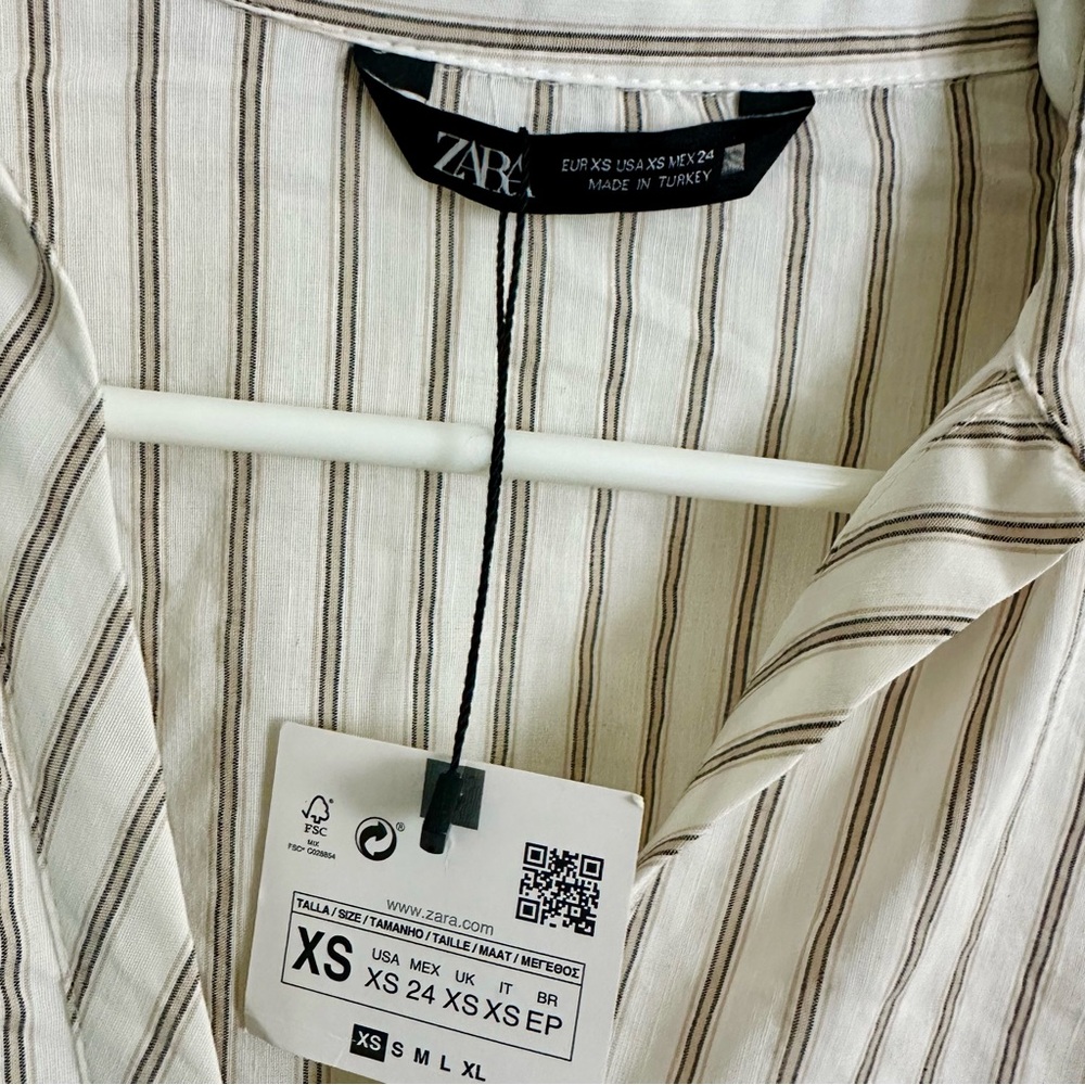 🥂SOLD🥂NWT Linen Blend ZARA Oversized White Striped Button Up Shirt w 3/4 Sleeves - Picture 7 of 7